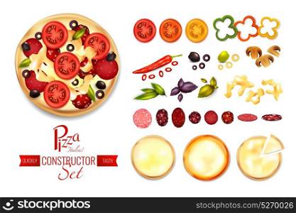 Pizza Filler Constructor Set. Pizza constructor set with flat isolated images of spices tomato salami and crust slices with text vector illustration