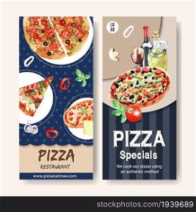 Pizza flyer design with hamburger, pizza, wine watercolor illustration.