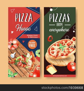 Pizza flyer design with pumpkin, rolling pin, pizza watercolor illustration.