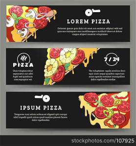Pizza flyers set. Pizza flyers. Banners templates with pizza slices on desk background for pizzeria cafe and delivery, vector illustration