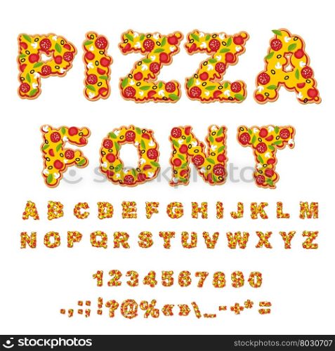 Pizza font. Letters dough. Food Alphabet. Fast food ABC. Italian food. fresh slice of pizza. numbers and punctuation marks. Tomatoes and mushrooms. Greens and sausage. Cheese and olives&#xA;