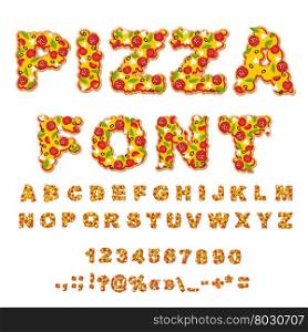 Pizza font. Letters dough. Food Alphabet. Fast food ABC. Italian food. fresh slice of pizza. numbers and punctuation marks. Tomatoes and mushrooms. Greens and sausage. Cheese and olives&#xA;