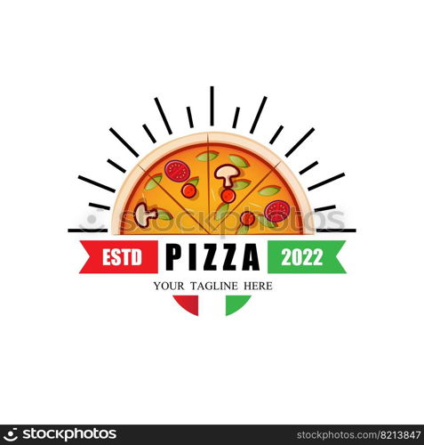 Pizza Food Logo Vector Design Originating From Italy, Made Of Wheat And Vegetables, Suitable For Stickers, Flayers, Backgrounds, Screen Printing, Food Companies