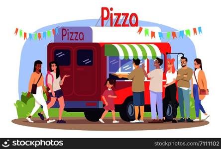 Pizza food truck flat vector illustration. Ready takeaway meal vehicle, buyers. Italian cuisine restaurant on wheels. Pizzeria visitors, walking people isolated cartoon characters on white background