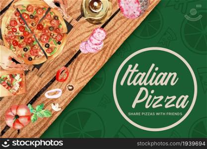 Pizza frame design with hands, pizza, tea pot watercolor illustration.