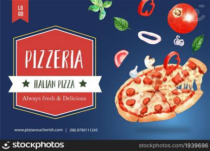 Pizza frame design with pepperoni pizza watercolor illustration.