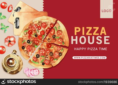 Pizza frame design with pizza, tea pot watercolor illustration.