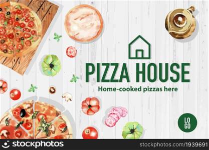 Pizza frame design with tea pot, pumpkin, pizza watercolor illustration.
