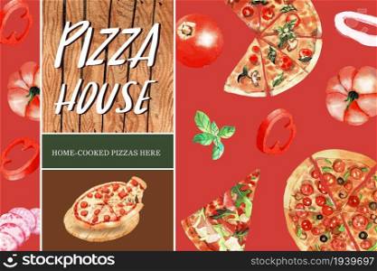 Pizza frame design with various pizza watercolor illustration.