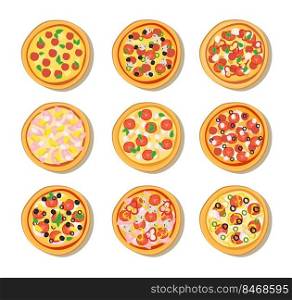 Pizza from different restaurants menu isolated on background. Collection of pizza with various ingredients for pizzeria dish card. Web page landing, template. Vector illustration, cartoon elements.