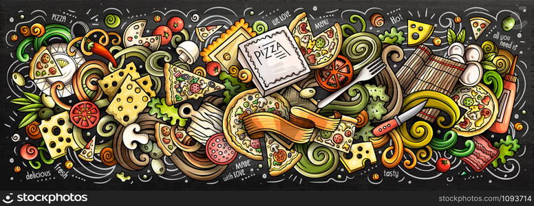 Pizza hand drawn cartoon doodles illustration. Pizzeria funny objects and elements design. Creative art background. Colorful vector banner. Pizza hand drawn cartoon doodles illustration. Colorful vector banner