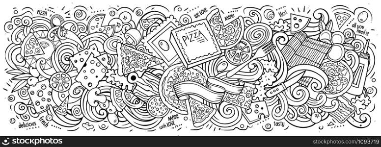 Pizza hand drawn cartoon doodles illustration. Pizzeria funny objects and elements design. Creative art background. Line art vector banner. Pizza hand drawn cartoon doodles illustration. Line art vector banner