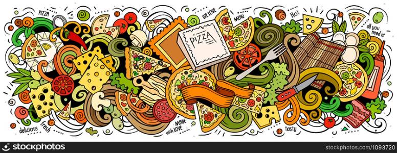 Pizza hand drawn cartoon doodles illustration. Pizzeria funny objects and elements design. Creative art background. Colorful vector banner. Pizza hand drawn cartoon doodles illustration. Colorful vector banner