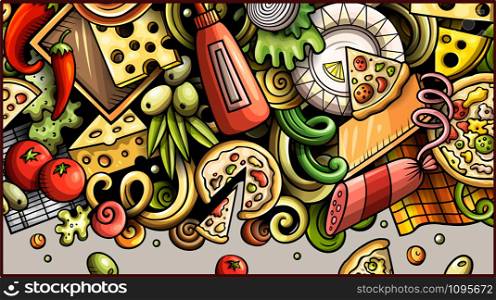 Pizza hand drawn doodle banner. Cartoon detailed flyer. Pizzeria identity with objects and symbols. Food illustrations. Color vector design elements background. Pizza hand drawn doodle banner. Cartoon detailed flyer.