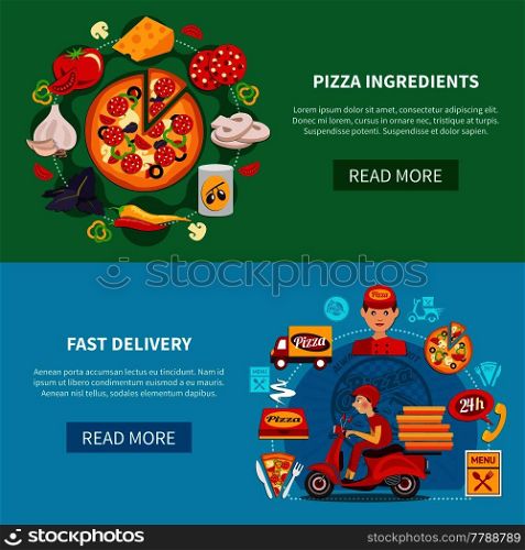 Pizza horizontal banners set with round compositions of flat pizzeria images with text and read more button vector illustration. Pizza Fast Delivery Banners