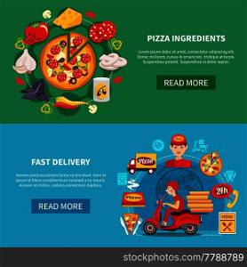 Pizza horizontal banners set with round compositions of flat pizzeria images with text and read more button vector illustration. Pizza Fast Delivery Banners