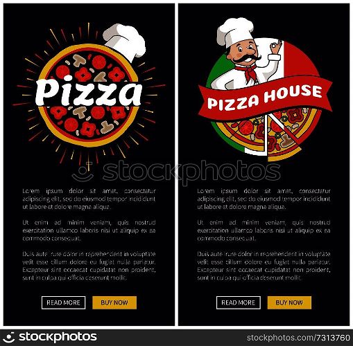 Pizza house collection web pages, logos and emblems of pizza, hat and chef with flag of Italy, text sample and buttons isolated on vector illustration. Pizza House Collection Web Vector Illustration