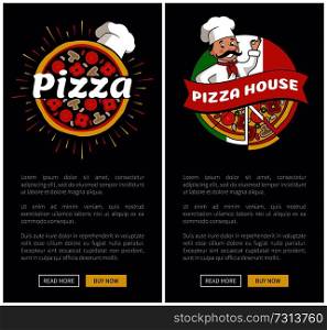 Pizza house collection web pages, logos and emblems of pizza, hat and chef with flag of Italy, text sample and buttons isolated on vector illustration. Pizza House Collection Web Vector Illustration