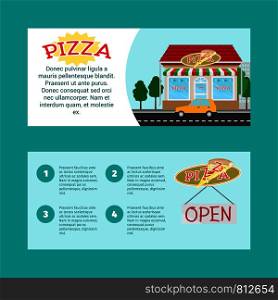 Pizza house horizontal flyers with shop building and landscape, vector illustration. Pizza house horizontal flyers