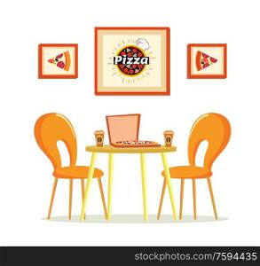 Pizza house vector, pizzeria with table and coffee cups. Futniture design with Italian food in box and hot beverage, pictures with spices and recipes with cheese. Pizza House, Pizzeria with Table and Coffee Cups