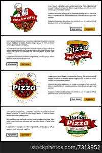Pizza house website set pizzeria and authentic Italian recipes, pizza restaurant and text s&le, collection of logos, isolated on vector illustration. Pizza House Website Collection Vector Illustration