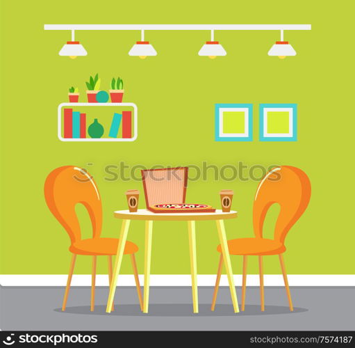 Pizza house with served food vector. Interior of pizzeria, picture in frame, shelf with books and printed materials. Coffee beverage in plastic cups. Pizzeria Interior, Table and Chairs, Served Food