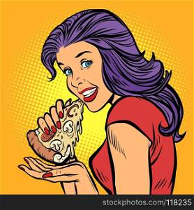 pizza. Hungry woman eating fast food. pizza. Hungry woman eating fast food. Comic cartoon pop art retro illustration vector drawing. pizza. Hungry woman eating fast food