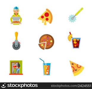 Pizza icon set. Delivery Margarita Pizza cutters Portion Ordering food Pizza slice. Contains bonus icons of Cuba libre drink and Soda glass
