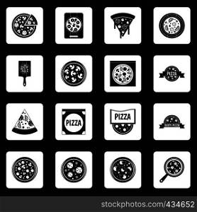 Pizza icons set in white squares on black background simple style vector illustration. Pizza icons set squares vector