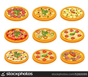 Pizza Icons Set. Pizza icons set with fruit vegetables meat and fish flat isolated vector illustration