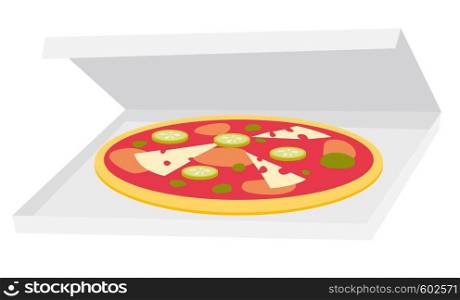 Pizza in a cardboard delivery box vector cartoon illustration isolated on white background.. Pizza in delivery box vector cartoon illustration.