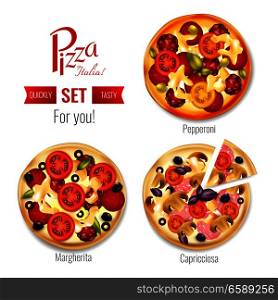 Pizza in assortment set including margherita, pepperoni, capricciosa with tomatoes, olives, basil, mozzarella, salami isolated vector illustration . Pizza In Assortment Set