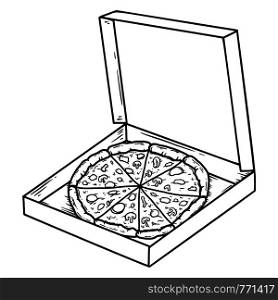 Pizza in box. Design element for poster, banner, t shirt, emblem. Vector illustration