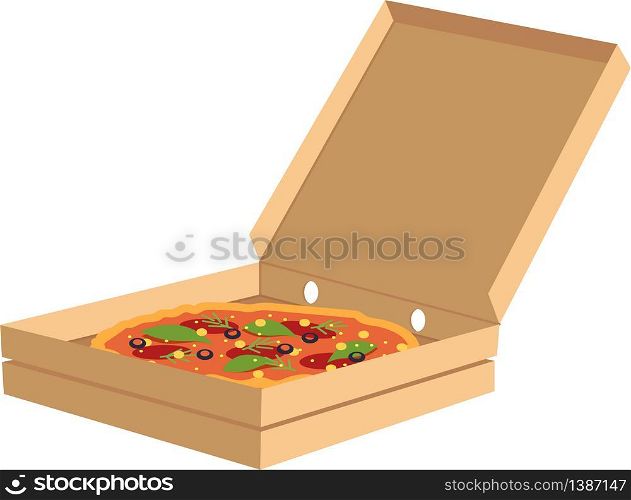 Pizza in box semi flat RGB color vector illustration. Unhealthy snack with salami slices in package. Italian restaurant order. Fast food delivery service isolated cartoon object on white background. Pizza in box semi flat RGB color vector illustration