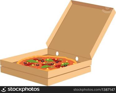 Pizza in box semi flat RGB color vector illustration. Unhealthy snack with salami slices in package. Italian restaurant order. Fast food delivery service isolated cartoon object on white background. Pizza in box semi flat RGB color vector illustration