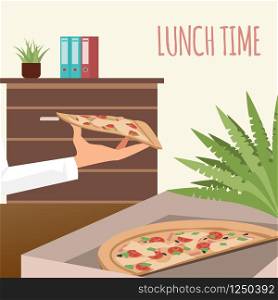 Pizza in Delivery Box at Office Workplace Banner. Lunch Time at Coworking Space. Italian Food in Opened Cardboard Package. Hand Hold Slice of Junkfood. Cartoon Flat Vector Illustration. Pizza in Delivery Box at Office Workplace Banner