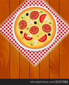 Pizza in White Plate on Kitchen Napkin at Wooden Boards Background Vector Illustration EPS10. Pizza in White Plate on Kitchen Napkin at Wooden Boards Backgrou