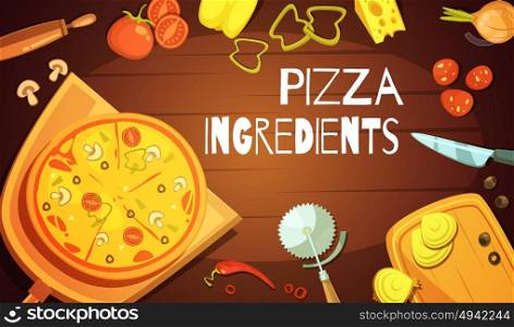 Pizza Ingredients Background. Colorful background with prepared pizza meat and vegetable ingredients and knife for cutting flat vector illustration