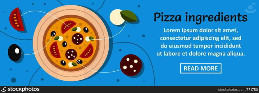 Pizza ingredients banner horizontal concept. Flat illustration of pizza ingredients banner horizontal vector concept for web design. Pizza ingredients banner horizontal concept