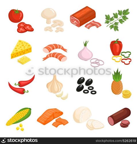 Pizza Ingredients Icons Set. Pizza ingredients icons set with tomato onion and sausage flat isolated vector illustration