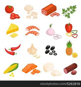 Pizza Ingredients Icons Set. Pizza ingredients icons set with tomato onion and sausage flat isolated vector illustration