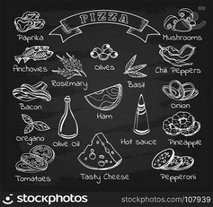 Pizza ingredients set on chalkboard. Pizza ingredients on chalkboard. Black board background with italian food pizza with vegetables and olives sketch, cheese and garlic doodles, vector illustration