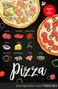 Pizza ingredients vector tomatoes, olive and pork, salami sausage, pesto and tomato sauce. Onion, cheese and ch&ignon with bell pepper. Pizzeria menu, italian fast food pizza recipe, top view meal. Pizza ingredients vector Italian fast food recipe