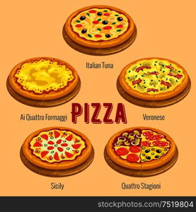 Pizza. Italian cuisine menu card placard. Vector icons of pizza types Italian Tuna, Veronese, Ai Quattro Formaggi, Sicily, Quattro Stagioni for restaurant, pizzeria banner. Pizza. Italian cuisine menu card placard