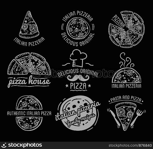 Pizza Label Design Typographic Set. Pizza festival or pizzafest. Vintage food pizza logos templates for restaurant. Vector Illustration.. Pizza Label Design Typographic Set.
