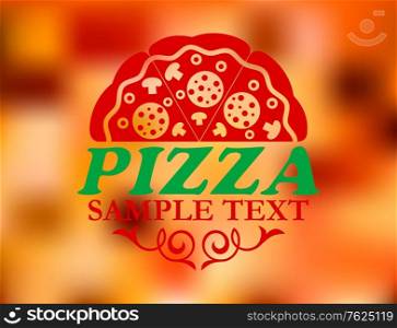 Pizza label on red colorful background for pizzeria or cafe design