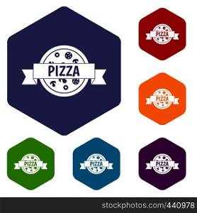 Pizza label with ribbon icons set hexagon isolated vector illustration. Pizza label with ribbon icons set hexagon