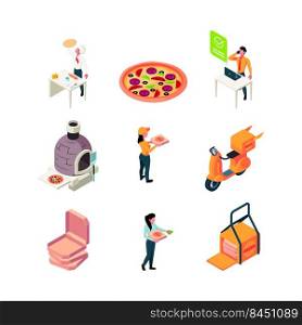 Pizza logistic. Food production and delivery service garish vector isometric pictures of pizza cooking. Illustration of pizza production product and cooking. Pizza logistic. Food production and delivery service garish vector isometric pictures of pizza cooking