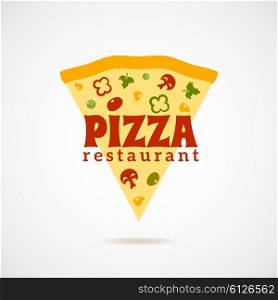 Pizza Logo Illustration . Pizza restaurant logo with a piece of pizza with vegetables and mushrooms flat vector illustration