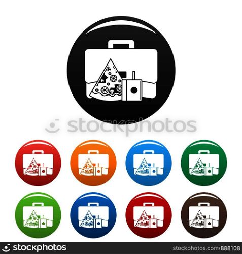Pizza lunch bag icons set 9 color vector isolated on white for any design. Pizza lunch bag icons set color